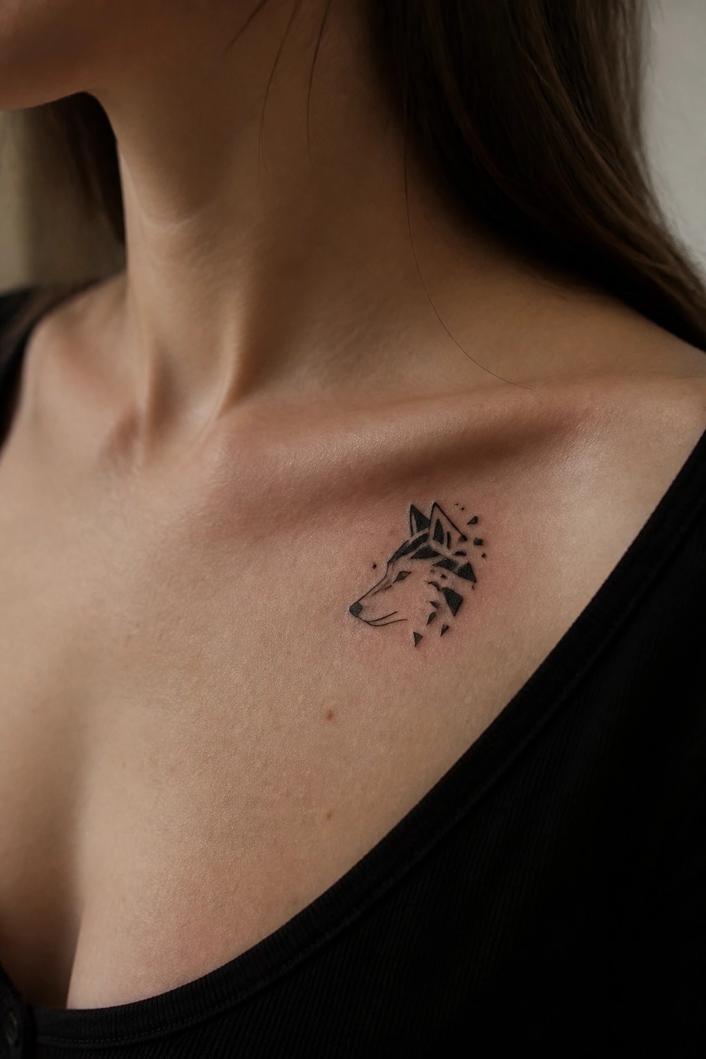 Small geometric wolf head tattoo on the collarbone in black minimalist style