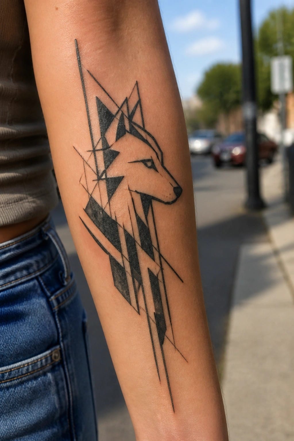 Geometric black wolf tattoo on forearm with blue jeans and brown shirt