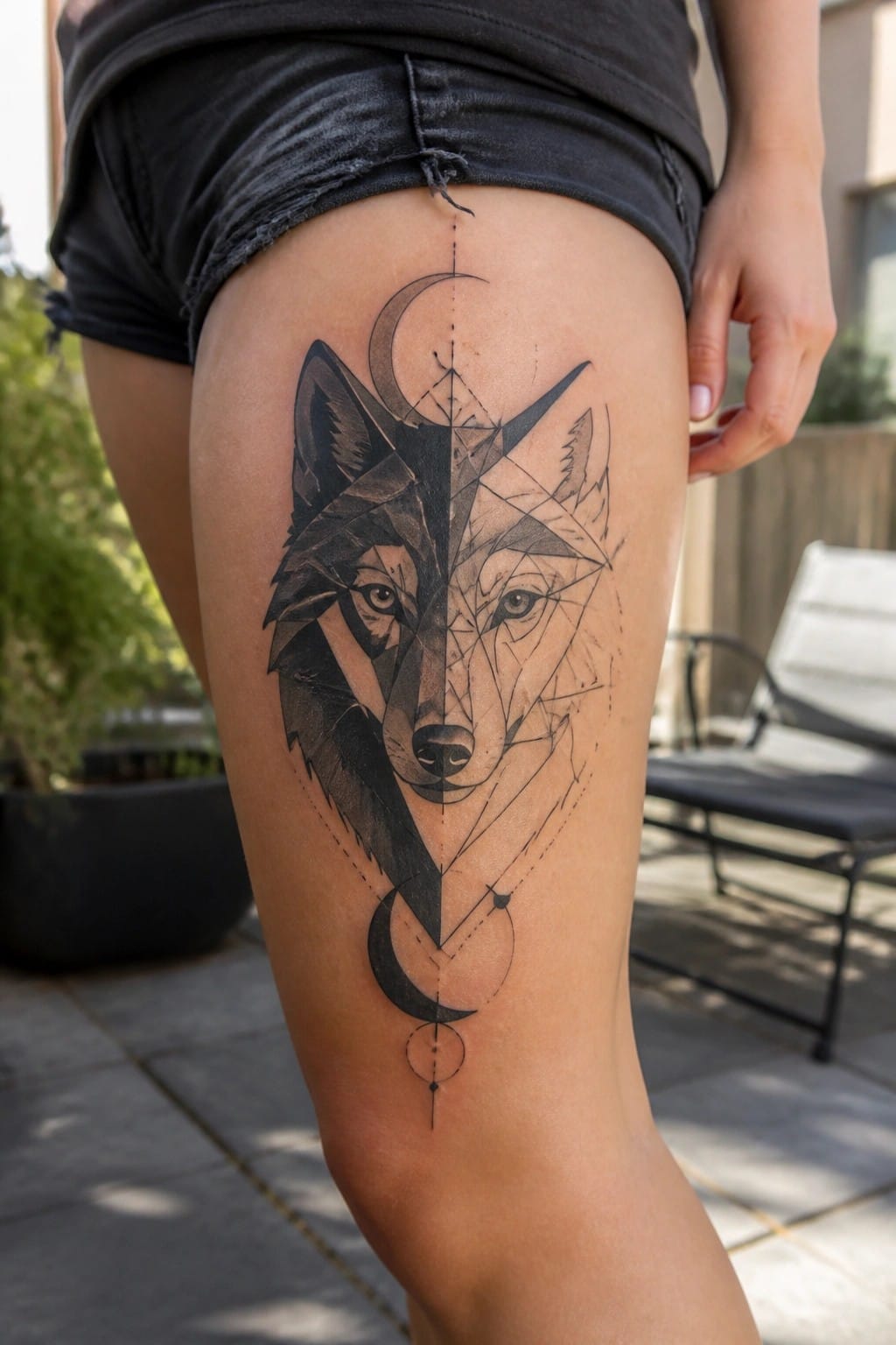 Geometric wolf tattoo with crescent moons on thigh under black denim shorts
