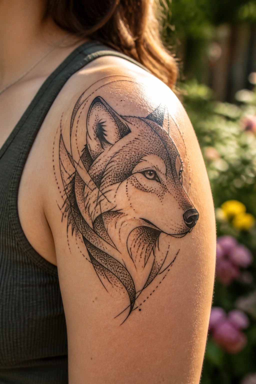 Detailed black-and-gray wolf tattoo on shoulder of person in green tank top
