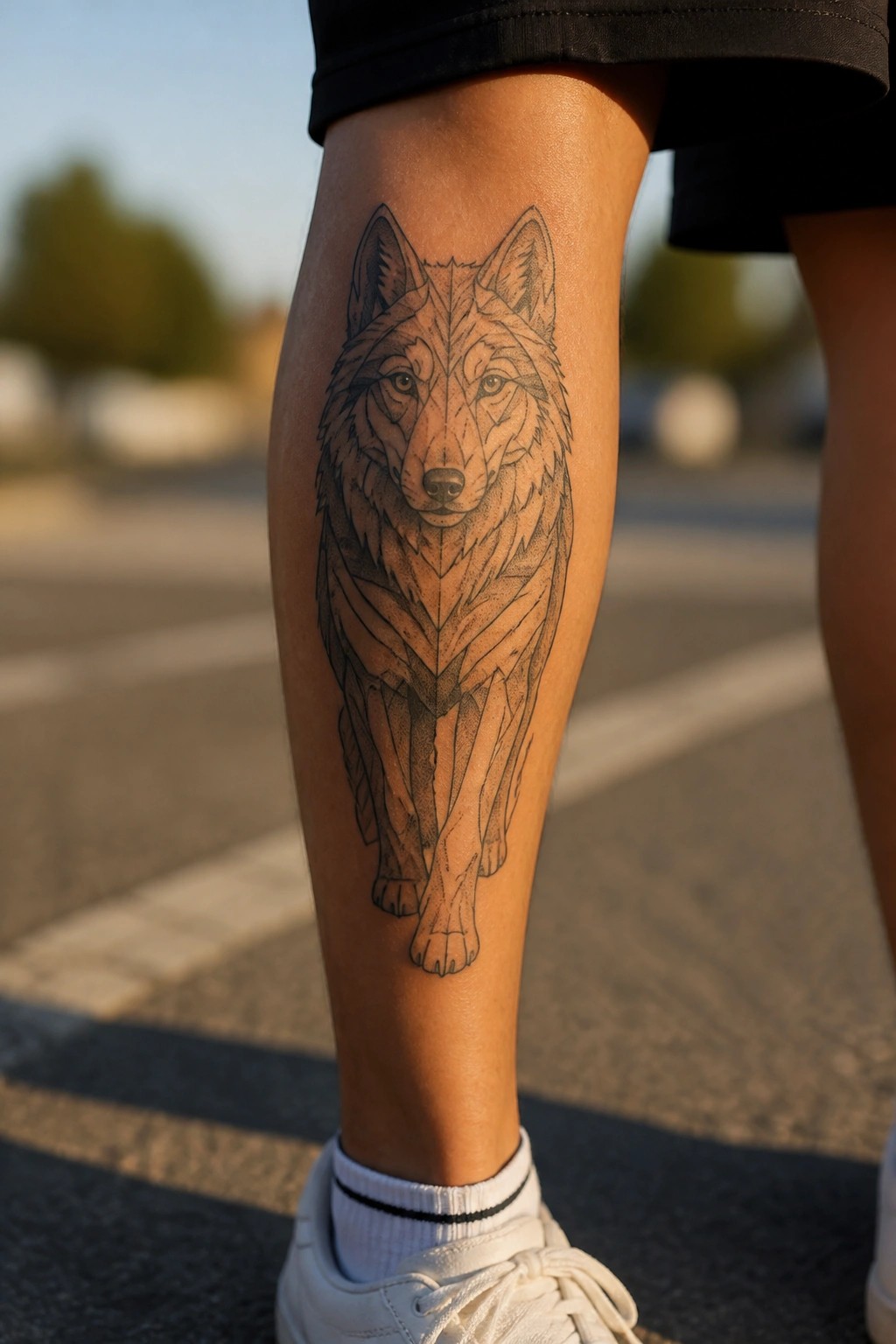 Geometric wolf tattoo on the shin using black line work and angular shapes in an abstract style.