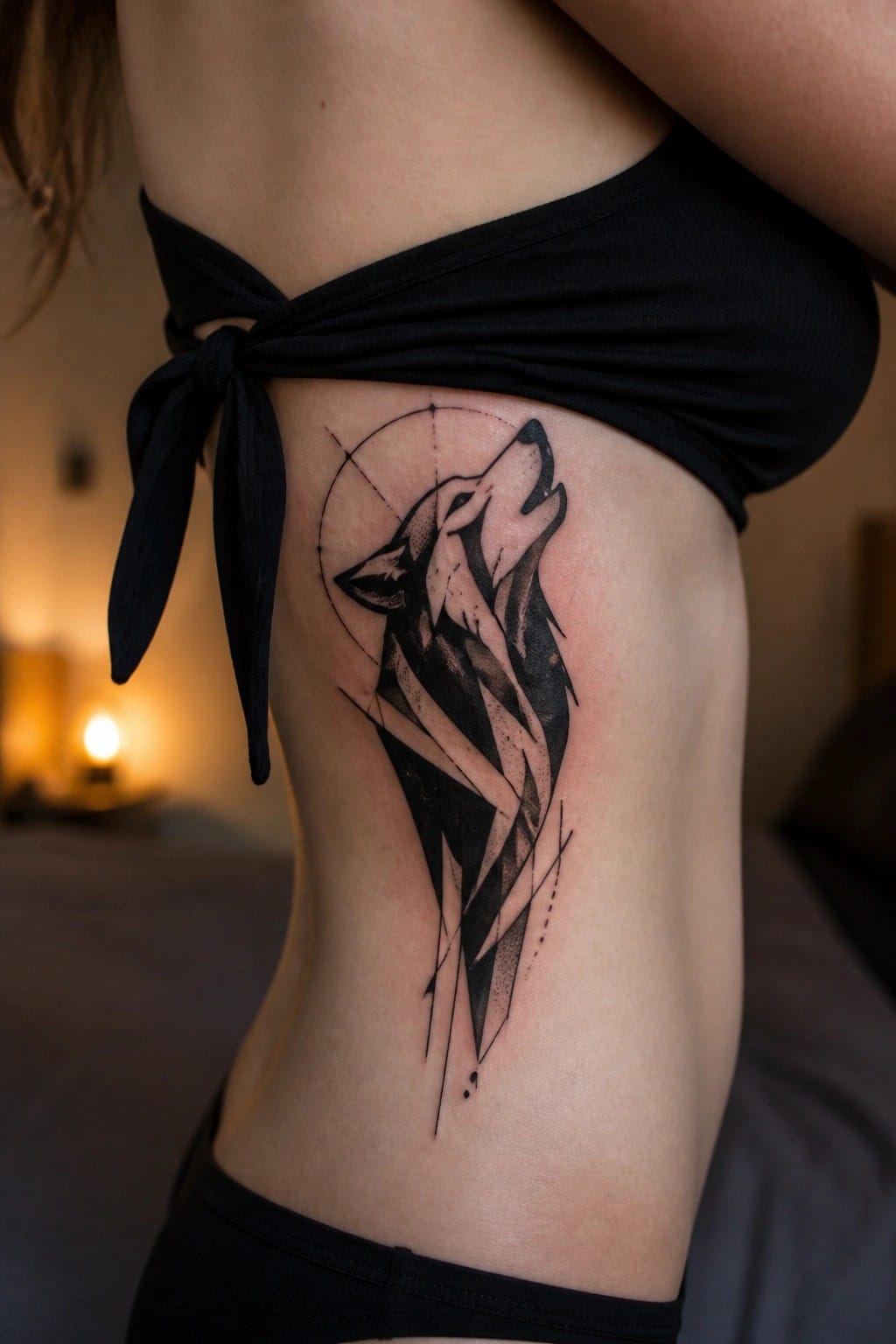 Geometric abstract wolf tattoo placed along the side of the torso with clean lines and a partial circle behind the head.