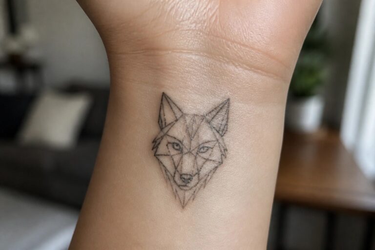 21 Creative Abstract Wolf Tattoo Ideas for Women in Modern Lines, Shapes, and Negative Space Geometric wolf tattoo on wrist above white knitted sweater cuff
