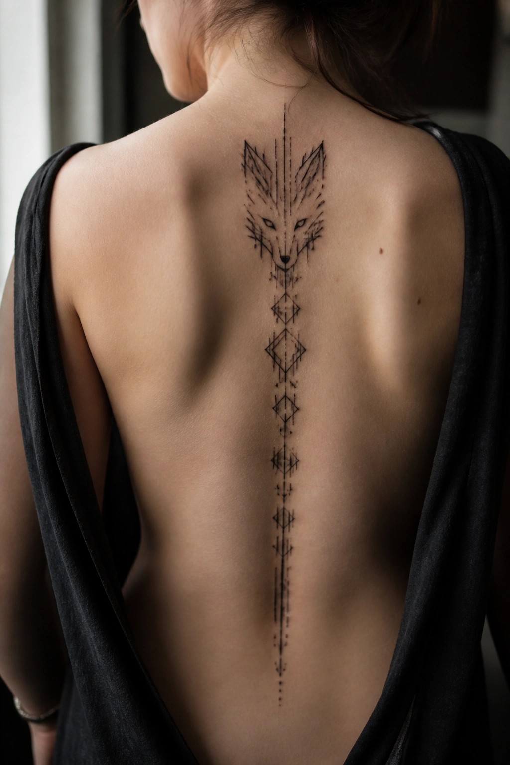 A black geometric fox tattoo centered on a woman's spine, with the fox head at the top and a descending pattern of diamonds and lines below.