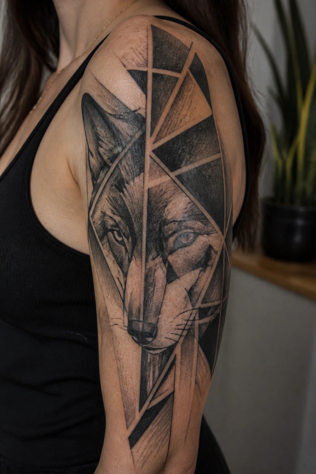 A large geometric wolf tattoo in black and grey covers a woman's upper arm with intersecting lines and shaded sections.