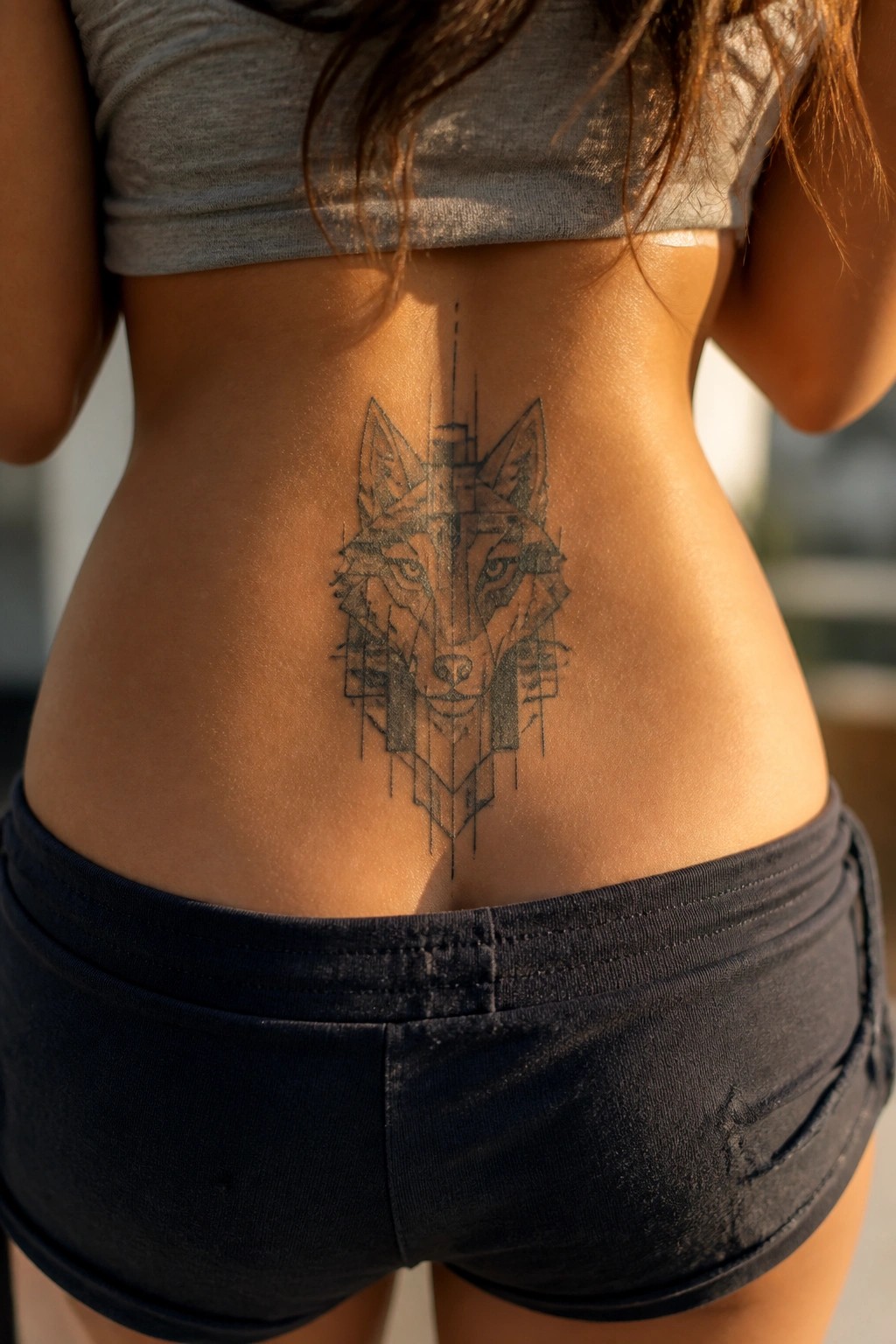 Geometric wolf tattoo on woman's tanned lower back above dark shorts