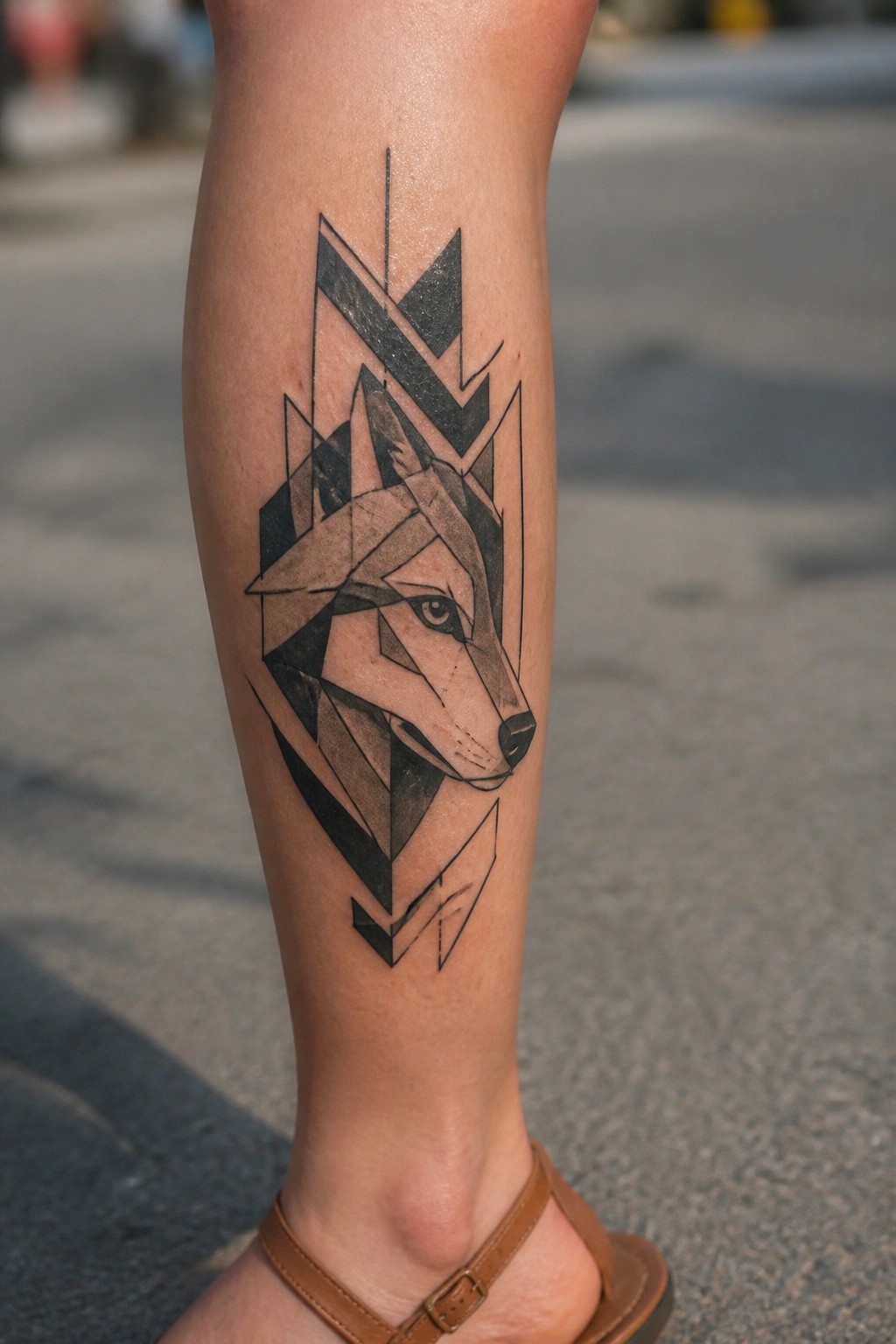 Geometric black wolf head tattoo on calf above brown sandal on pavement.