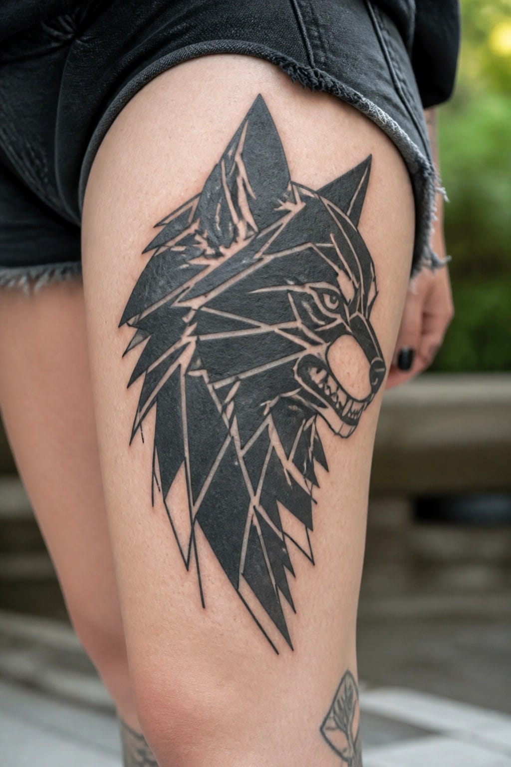 Geometric black wolf tattoo on thigh beneath frayed denim shorts