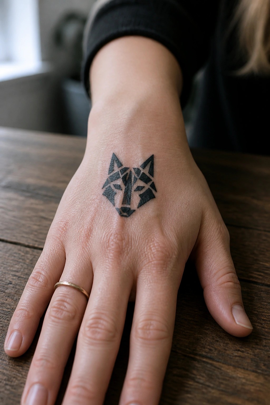 Geometric black wolf tattoo on hand with gold ring on wooden table