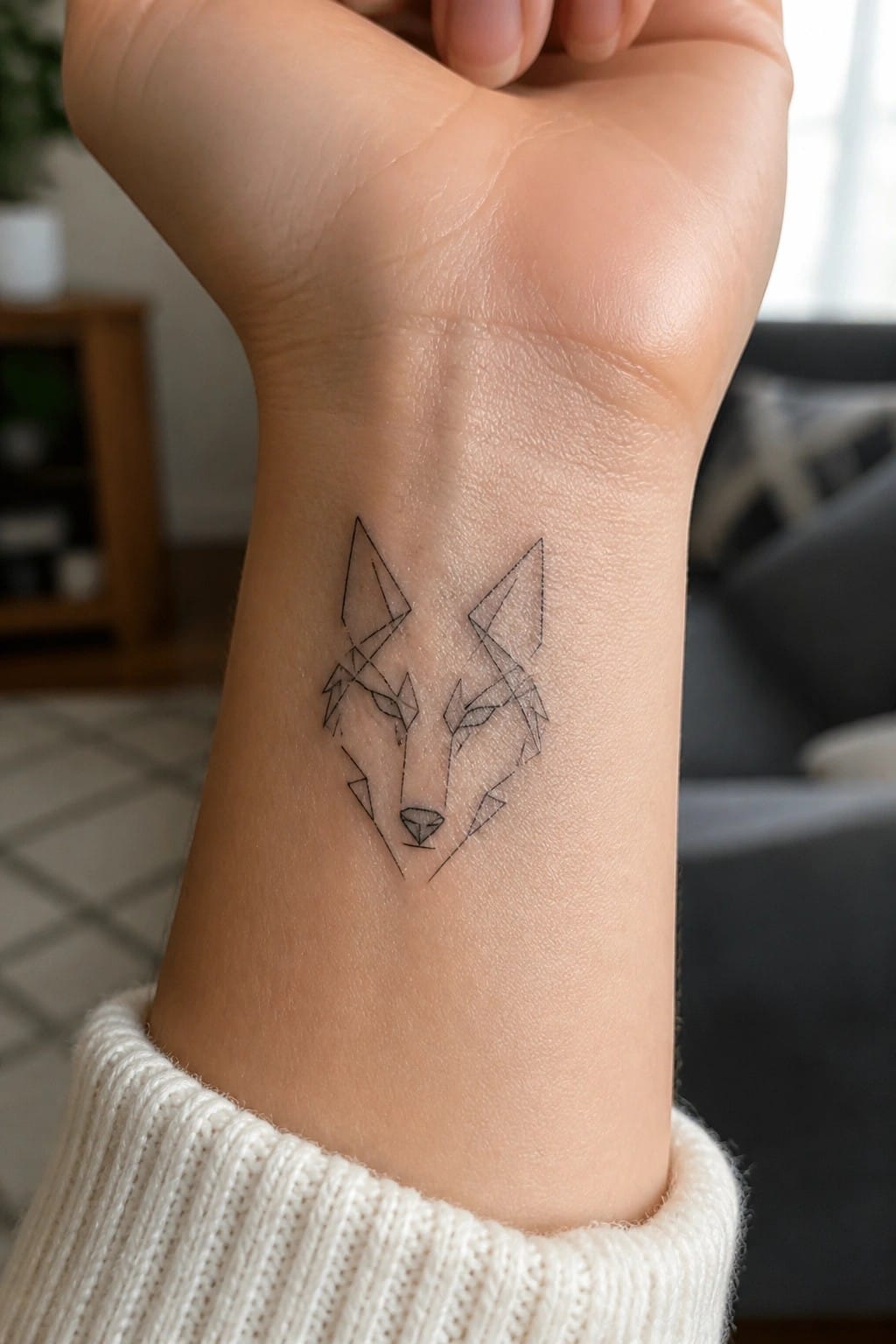 Geometric wolf tattoo on wrist above white knitted sweater cuff