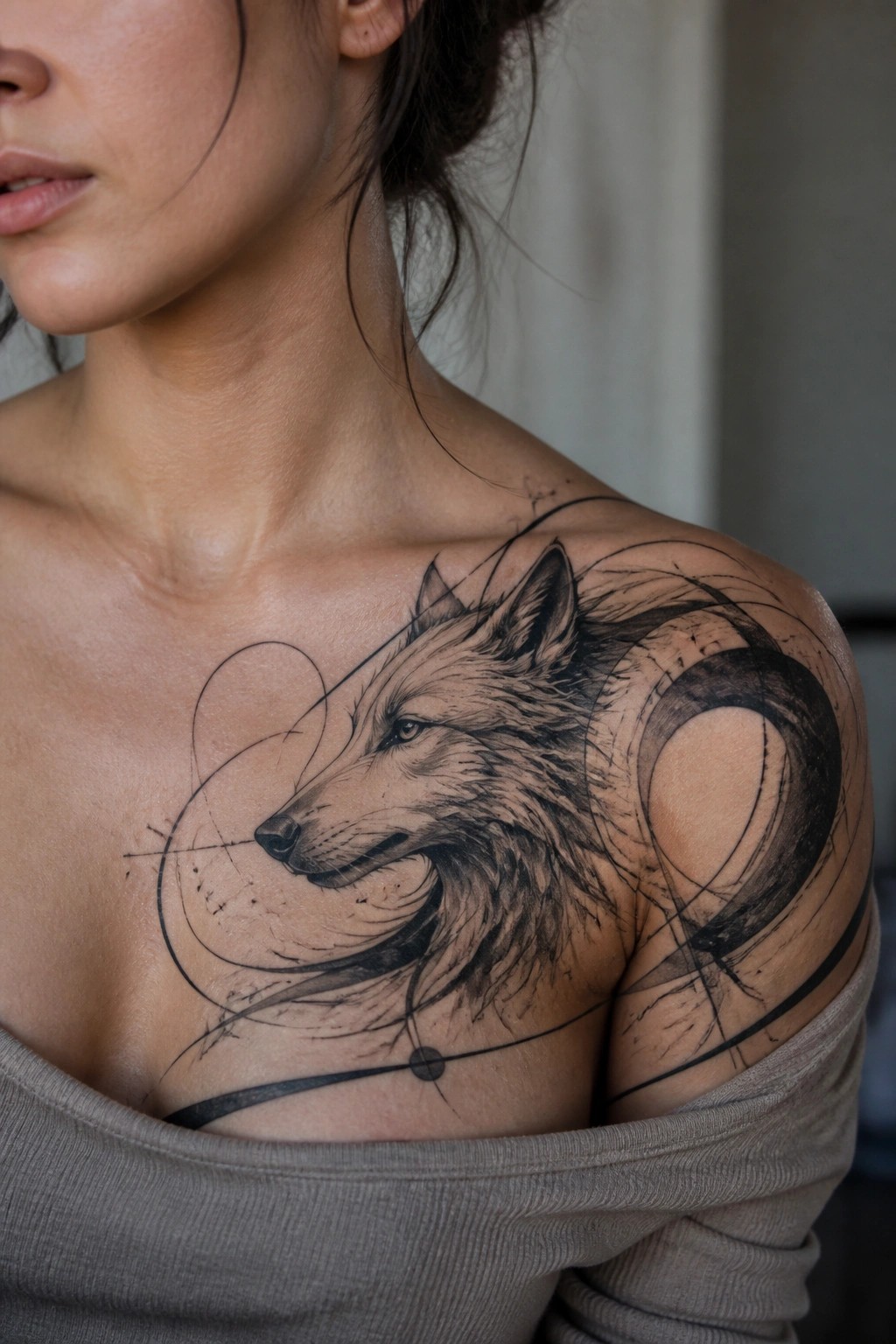 Woman's shoulder with detailed wolf tattoo and abstract circular designs in black ink.