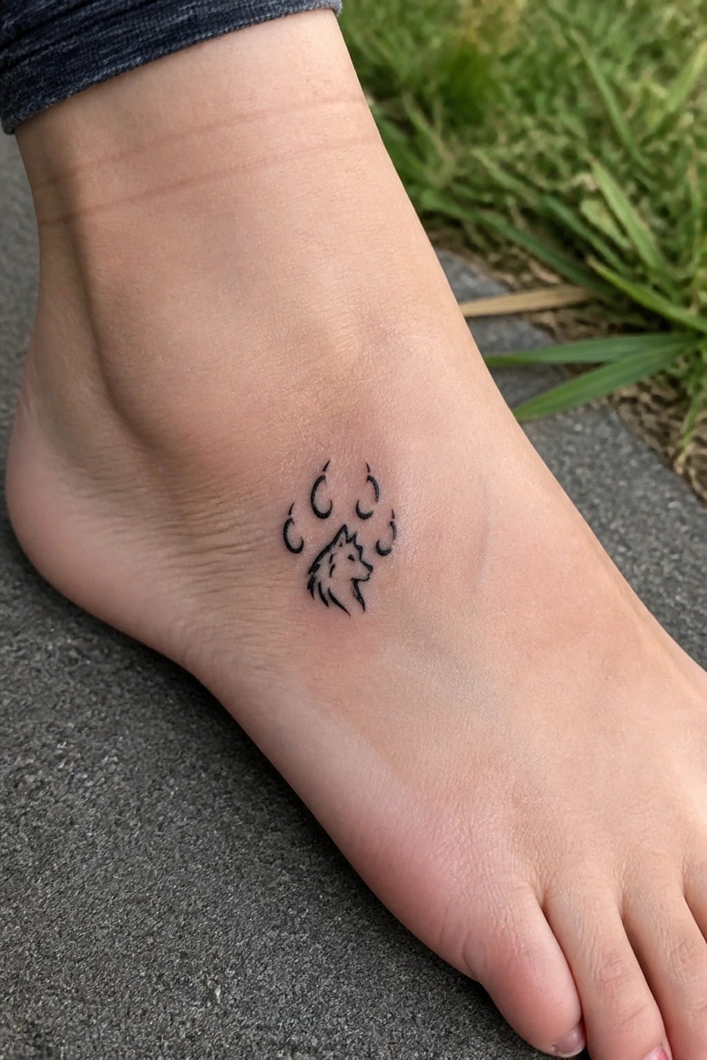 Wolf head tattoo with crescent moons on a bare ankle outdoors.