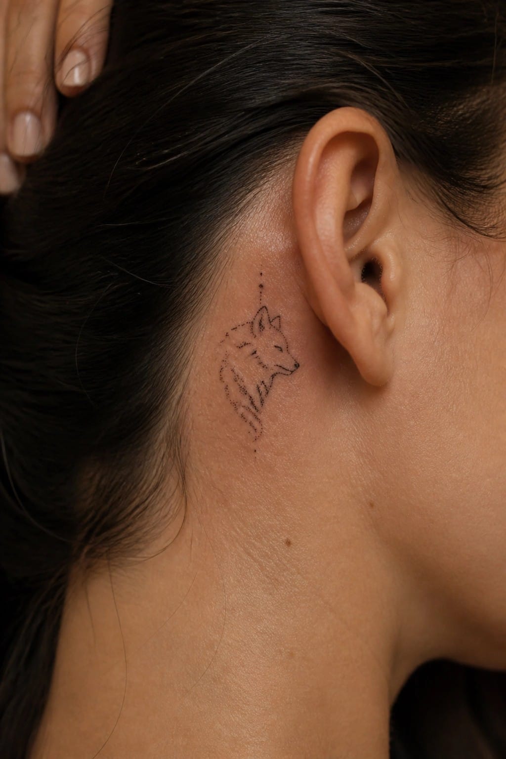 Dark hair pulled aside to reveal wolf tattoo with dots behind ear