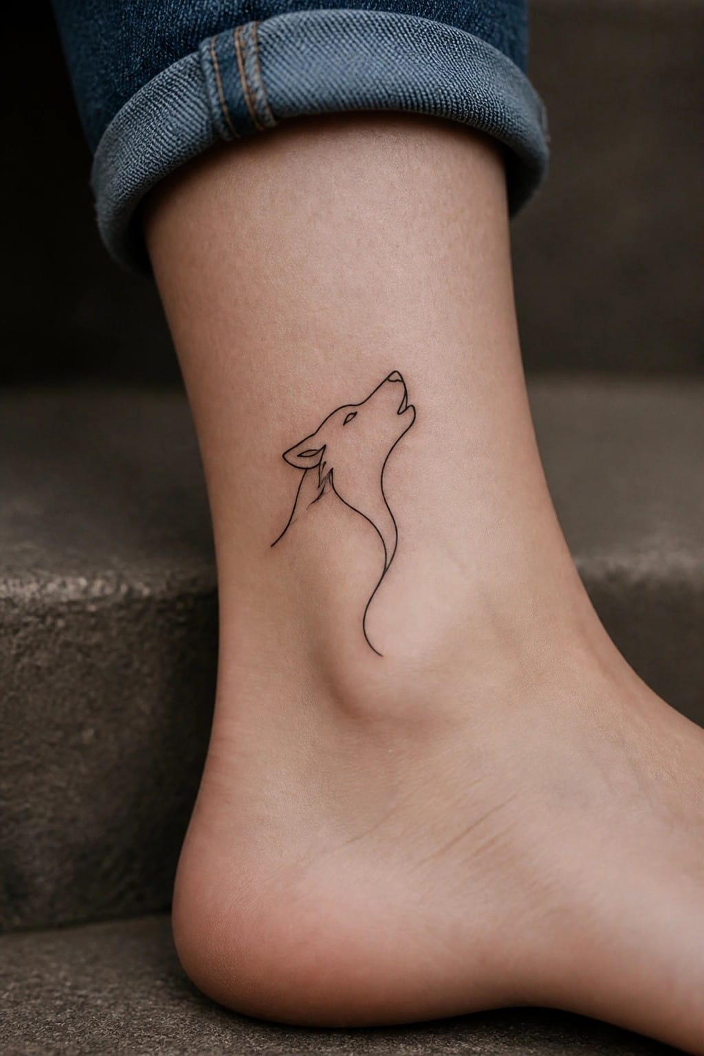 Minimalist single line tattoo of a howling wolf on the ankle.