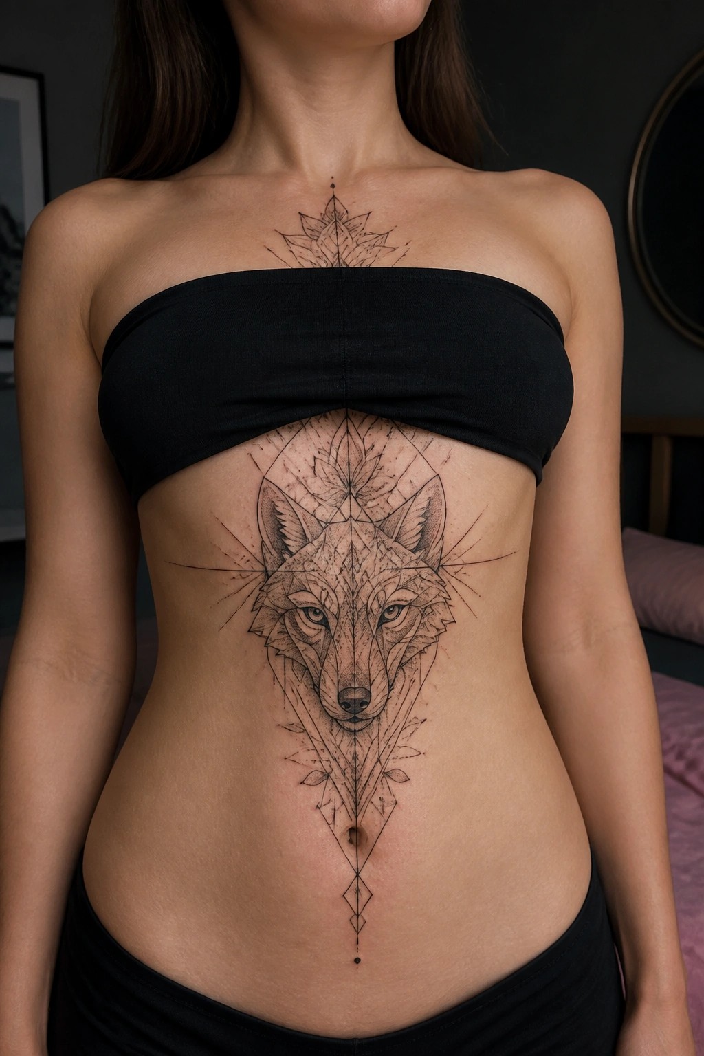 Woman's torso in black bandeau top with large geometric wolf tattoo on abdomen
