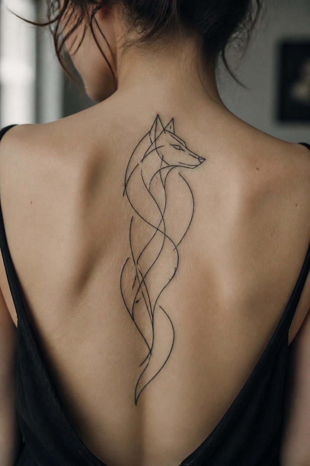 Woman's back with black line-art wolf tattoo over dark top, hair in bun.