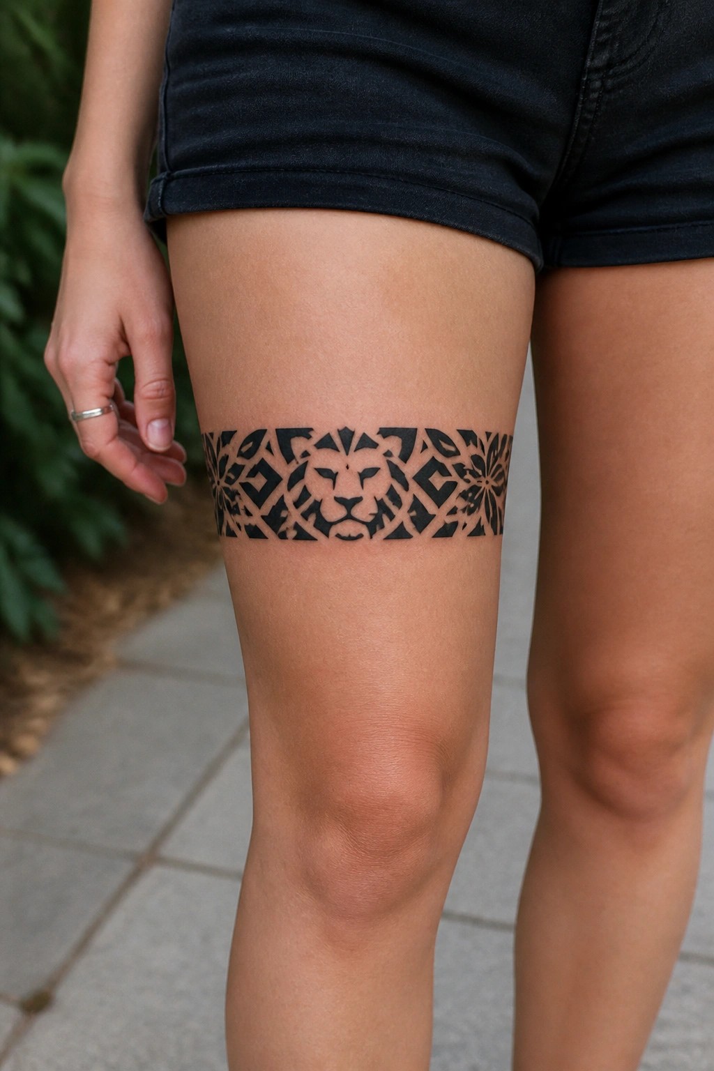 Black geometric band tattoo with a central lion face wrapped around a thigh above the knee