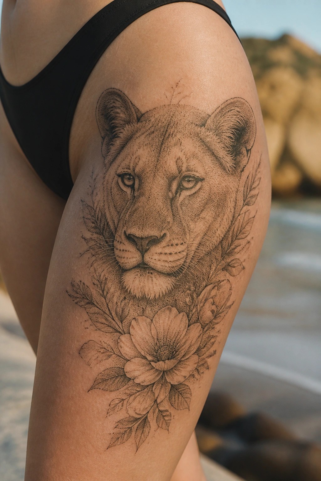Lioness and floral tattoo on thigh with black bikini at beach