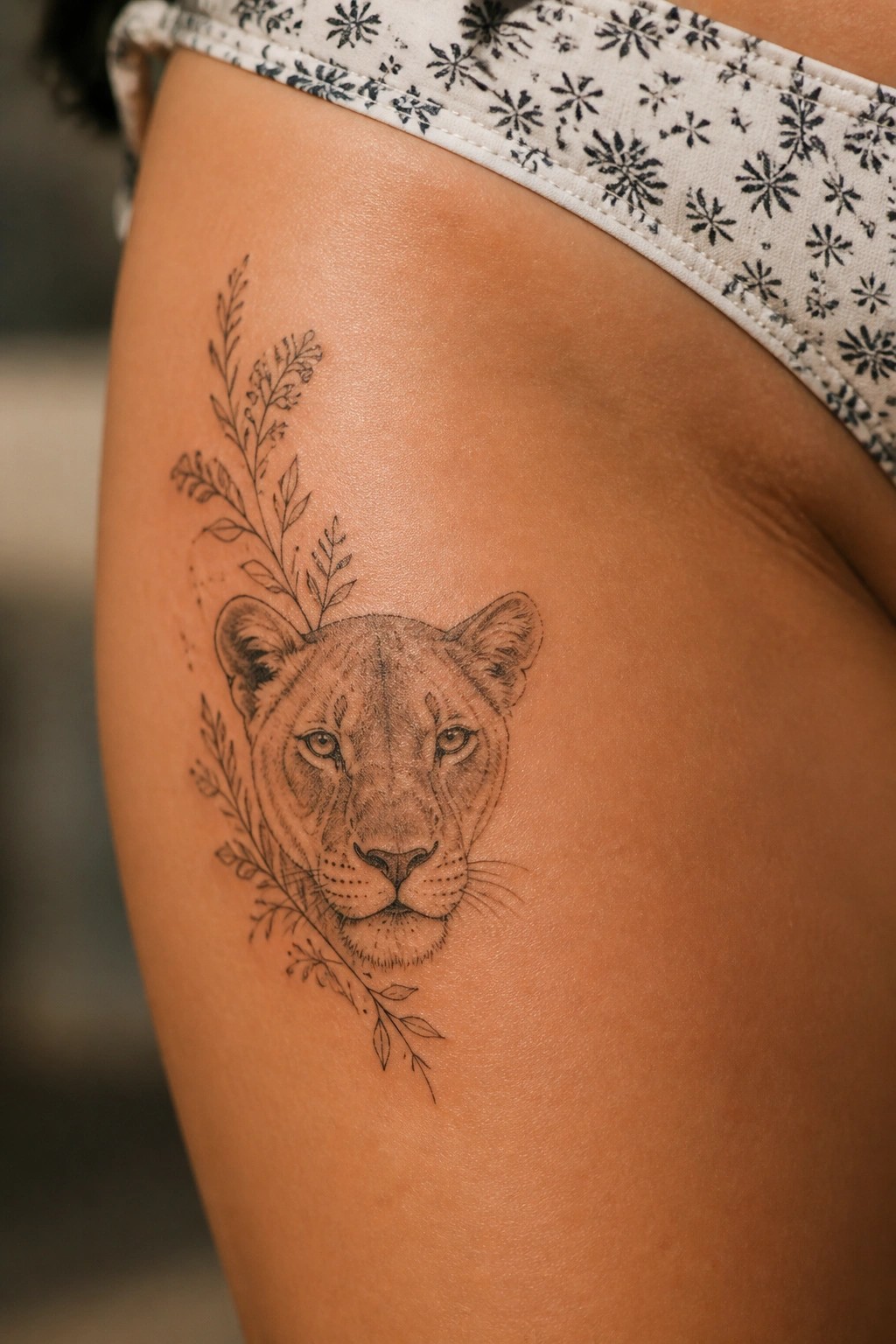 Lioness tattoo with leafy branches on thigh beside patterned underwear waistband