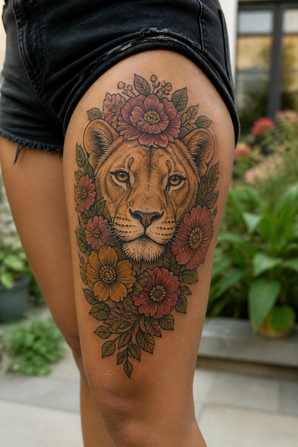 realistic lioness head tattoo on thigh with surrounding flowers in red and yellow tones