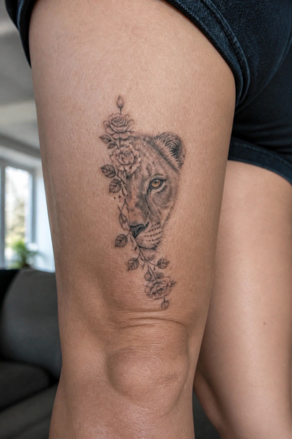 Lion head tattoo with roses on thigh under black shorts