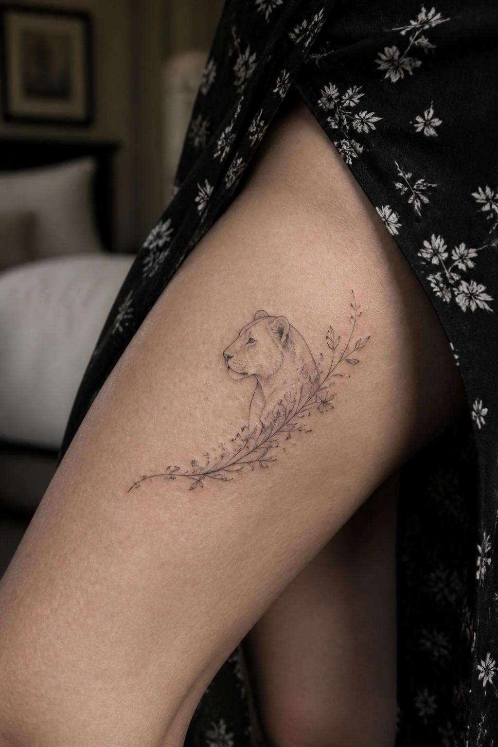 Lioness tattoo with floral vines on thigh under black patterned fabric