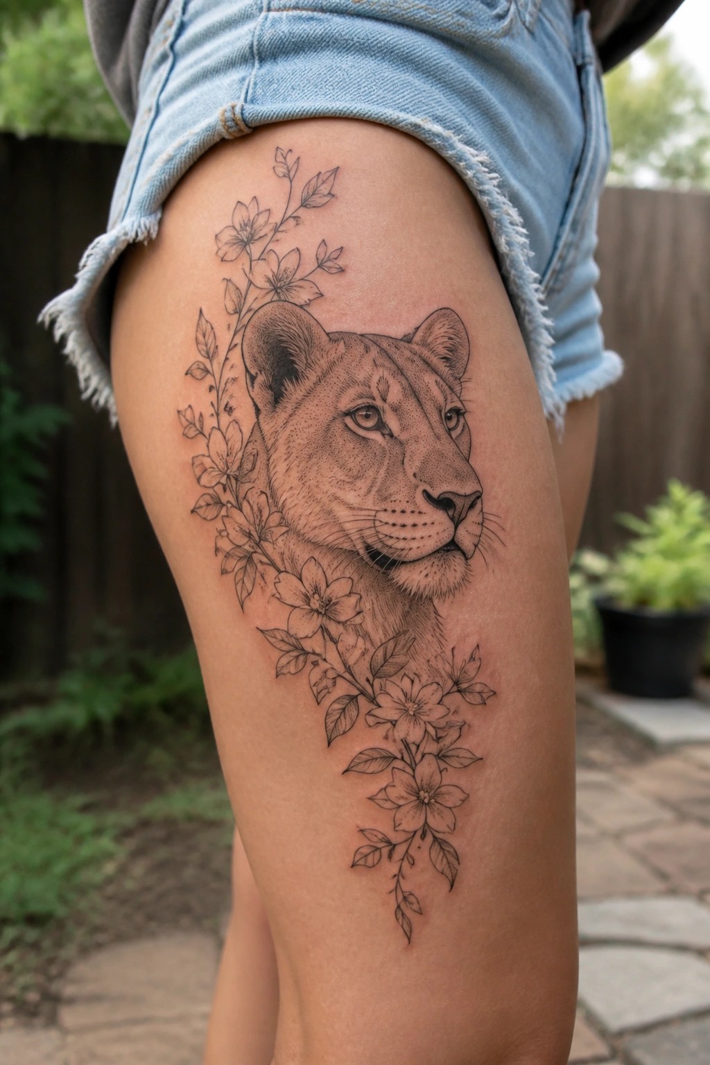 Black and grey lioness head tattoo on the thigh with flowers and leaves extending down the side of the leg