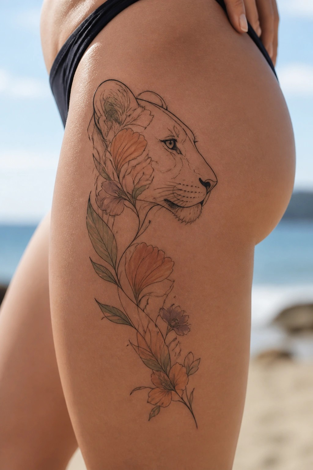 Fine line lioness head with orange and purple flowers flowing down a thigh in a beach setting