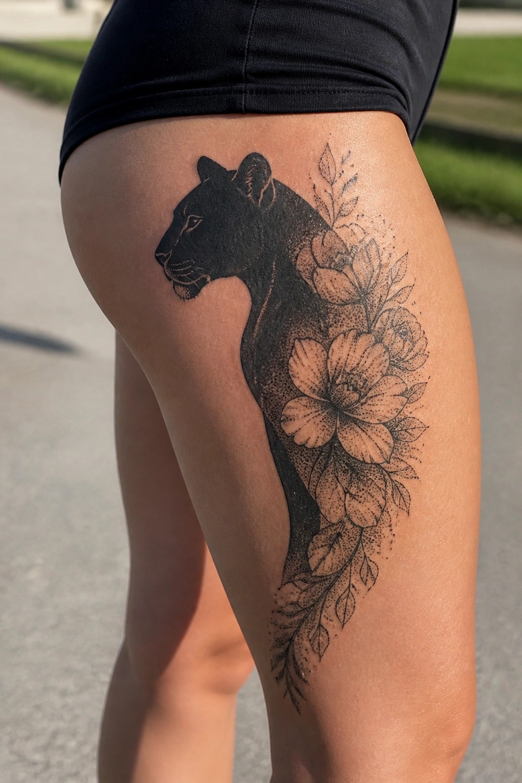 Black shorts with large panther silhouette and floral tattoo on thigh