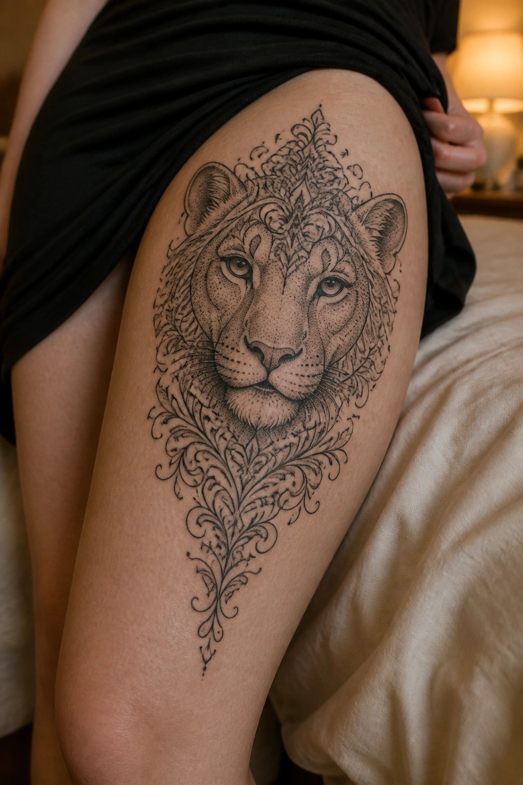Close up of a large blackwork lioness tattoo on the upper thigh, with ornate floral patterns integrated into the mane and extending downward in a symmetrical design.