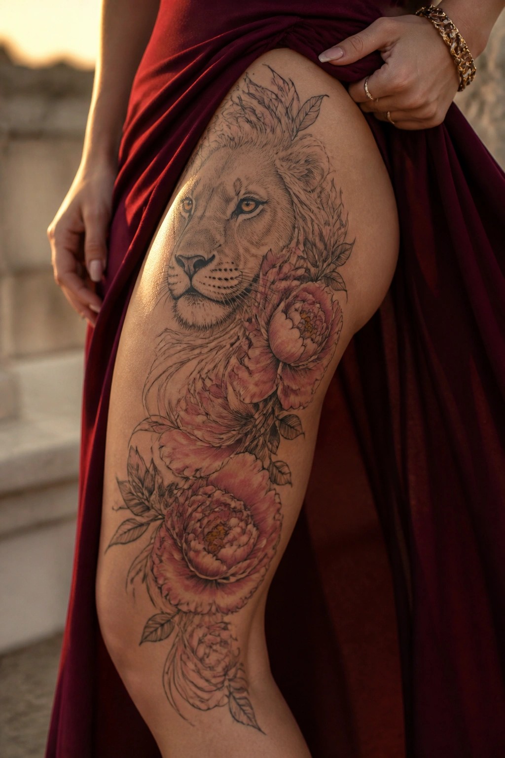 Realistic lioness tattoo on the upper thigh with pink peonies integrated around the face and trailing down the leg.