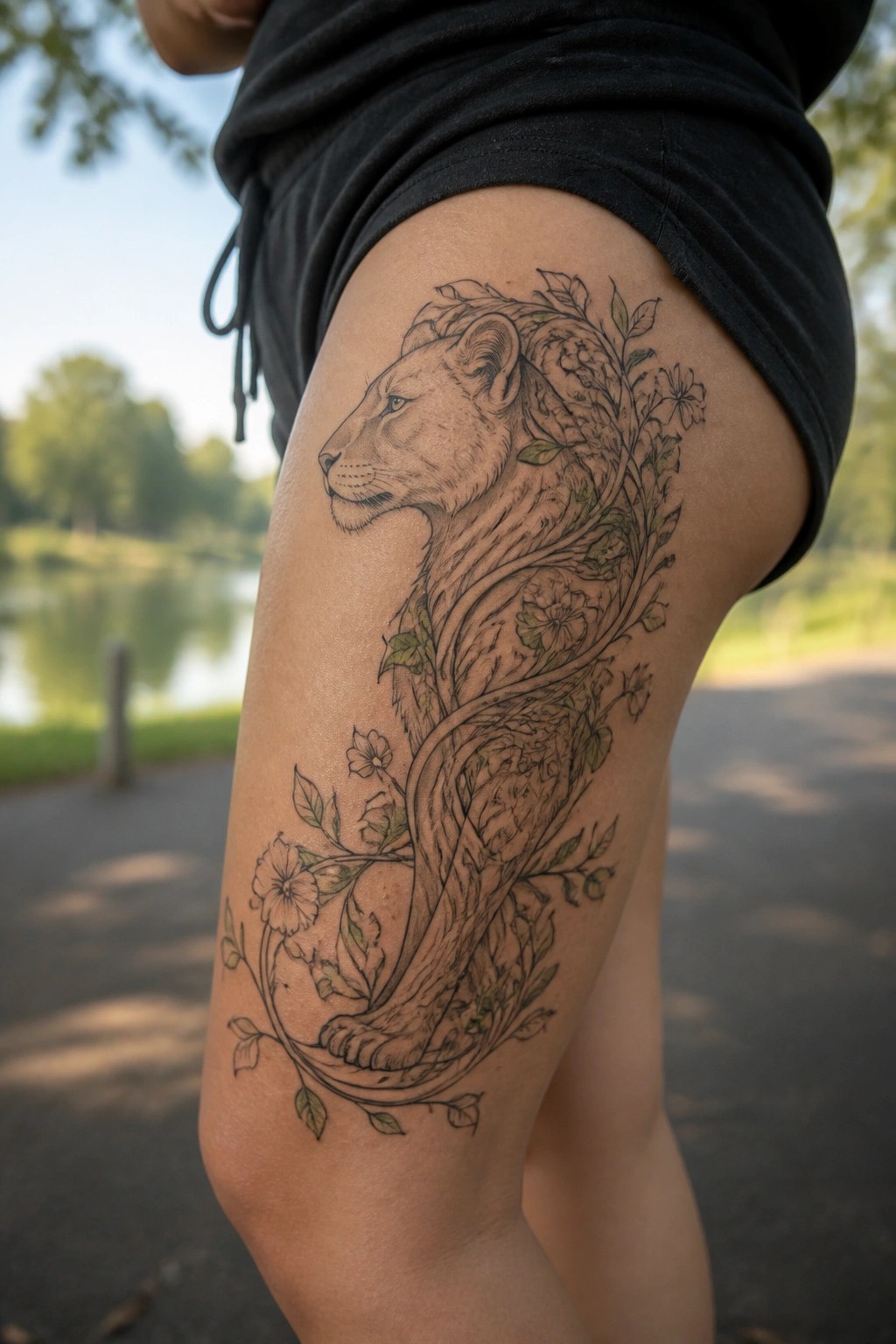 Black shorts and large floral lioness tattoo on thigh near water