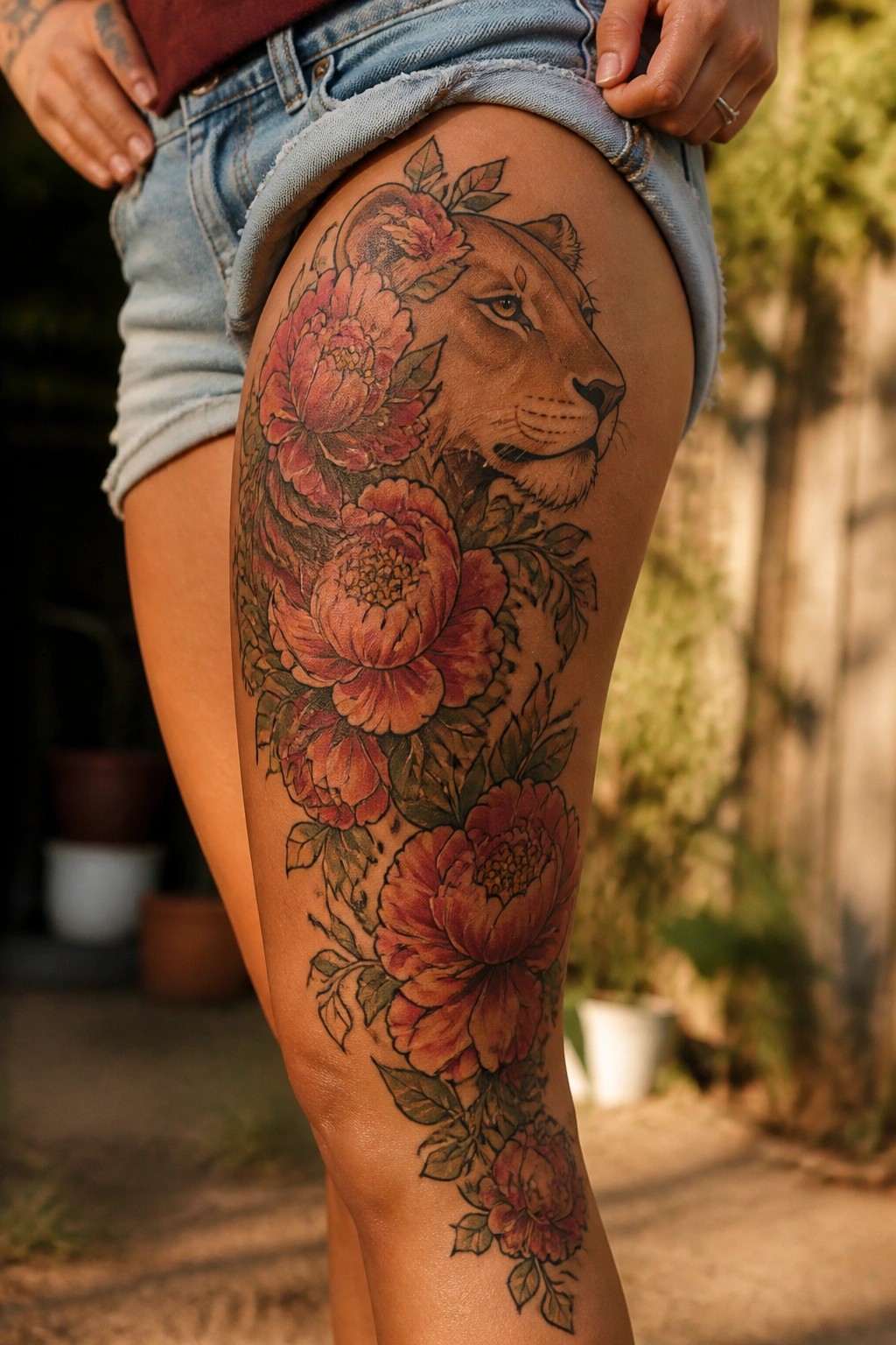 Large lioness tattoo with red peonies on thigh beneath denim shorts