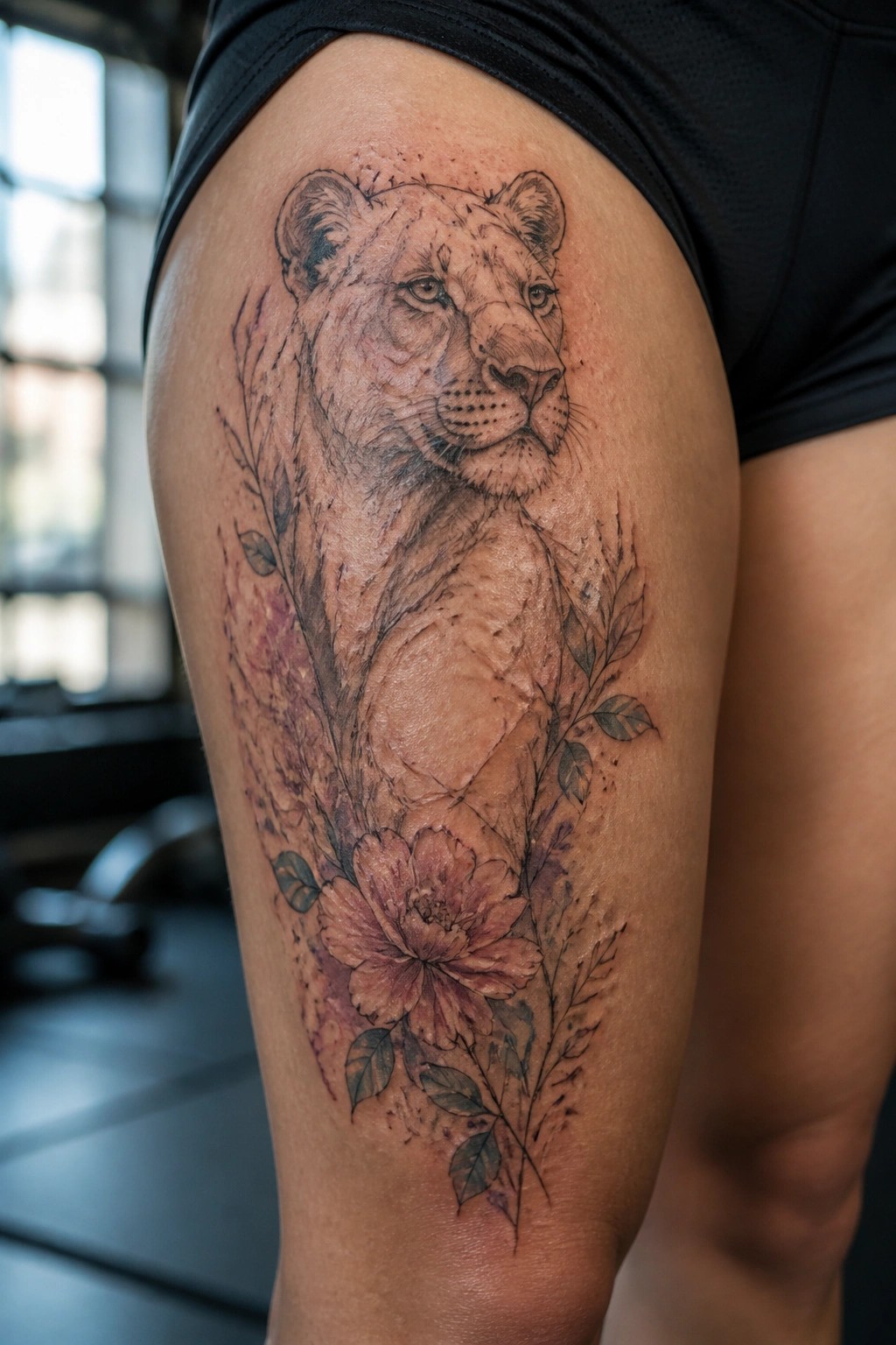 Intricate lioness tattoo with pink flowers on upper thigh under black shorts.