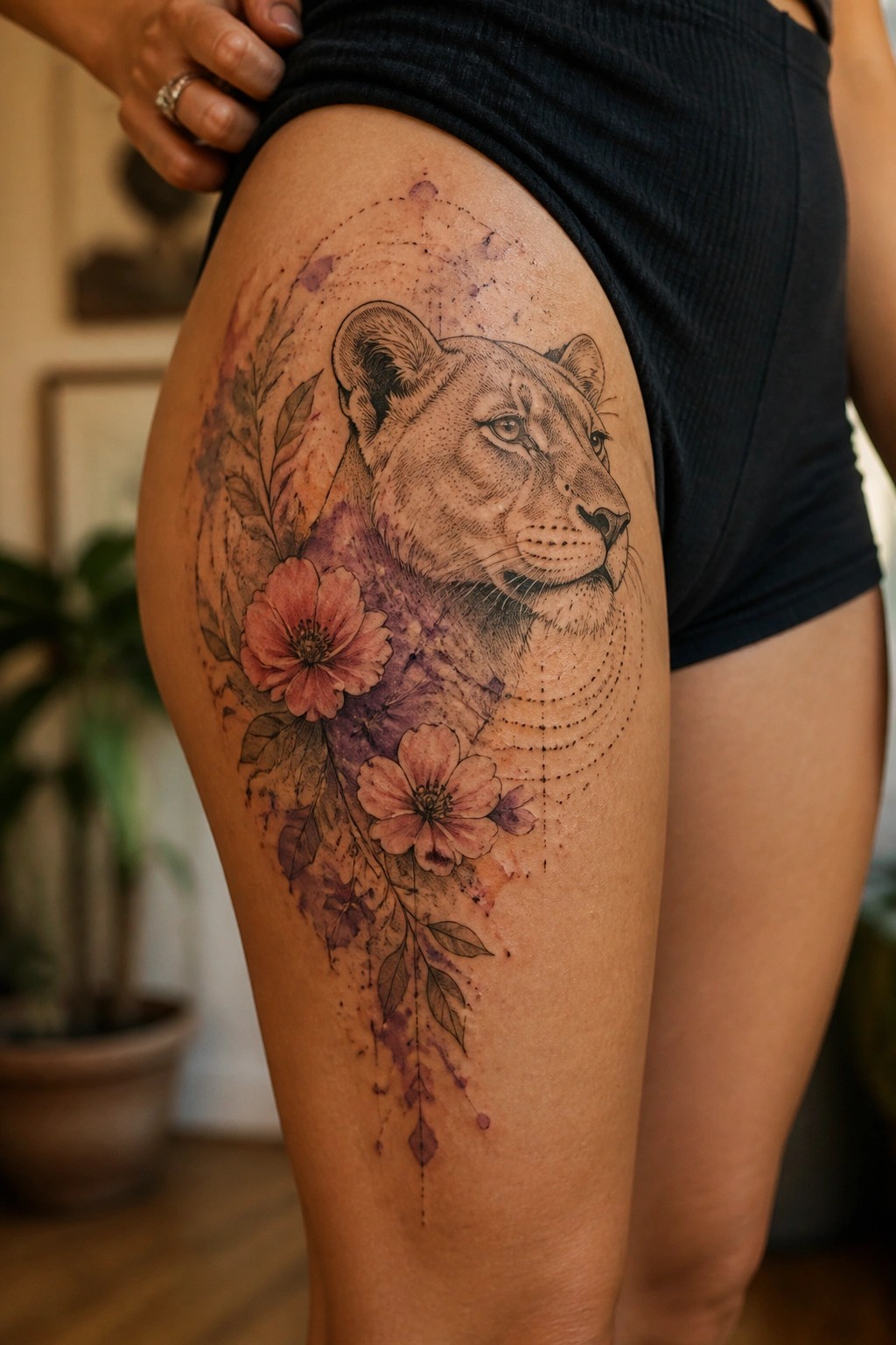 Lioness tattoo with pink flowers, leaves, and purple watercolor on thigh in black shorts.