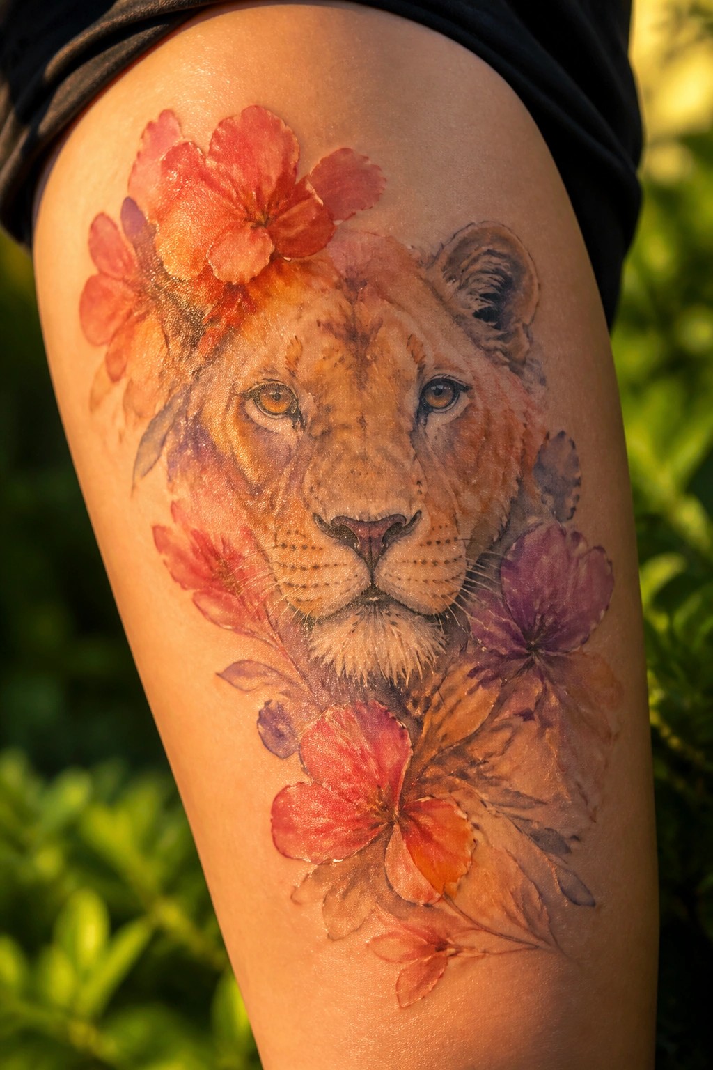 Watercolor lion face tattoo with red and purple flowers on thigh