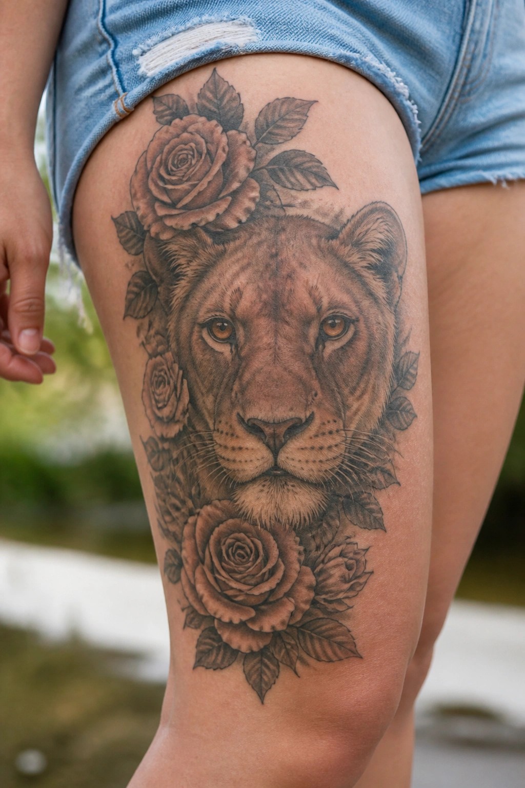 Lioness face with roses tattoo on thigh under blue denim shorts