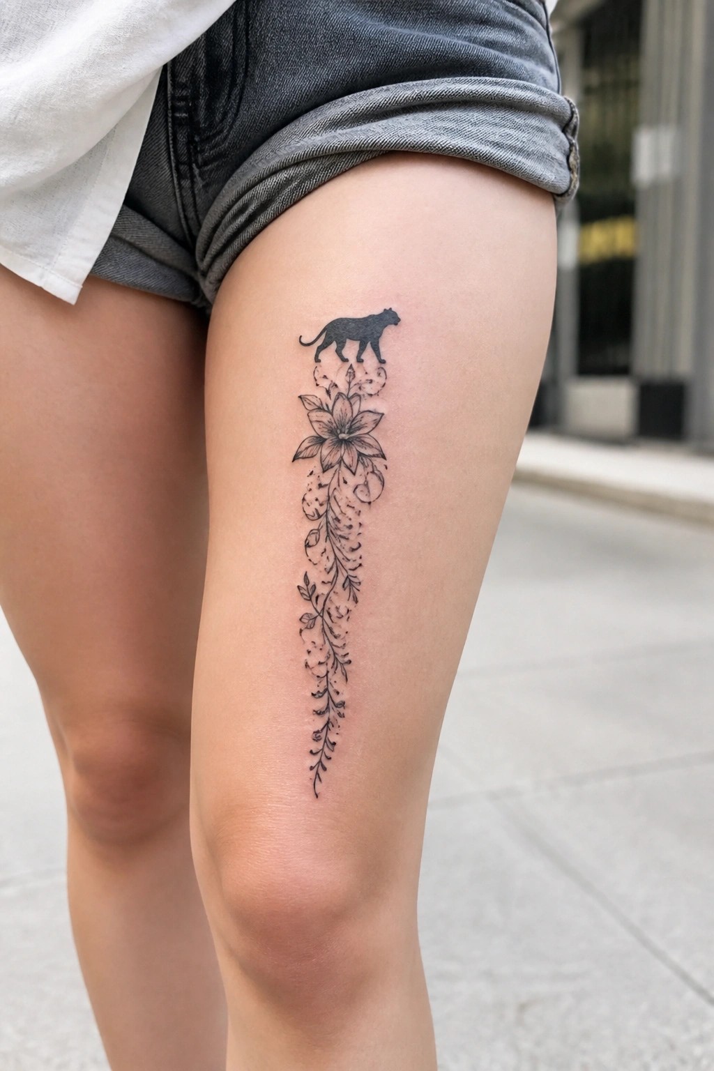 Black panther silhouette above a long vertical floral vine tattoo on the thigh