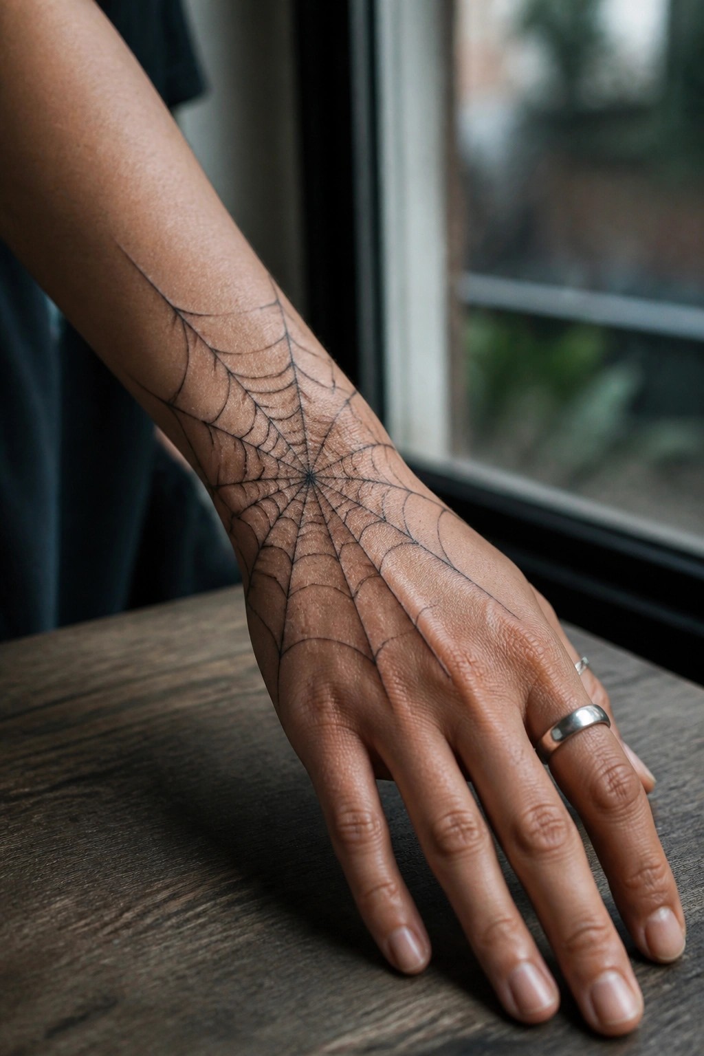 Hand with spiderweb tattoo and silver ring resting on wooden table by window.