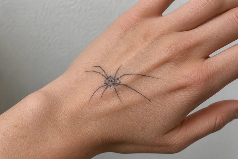 Light-skinned hand with small black spider tattoo on the back.
