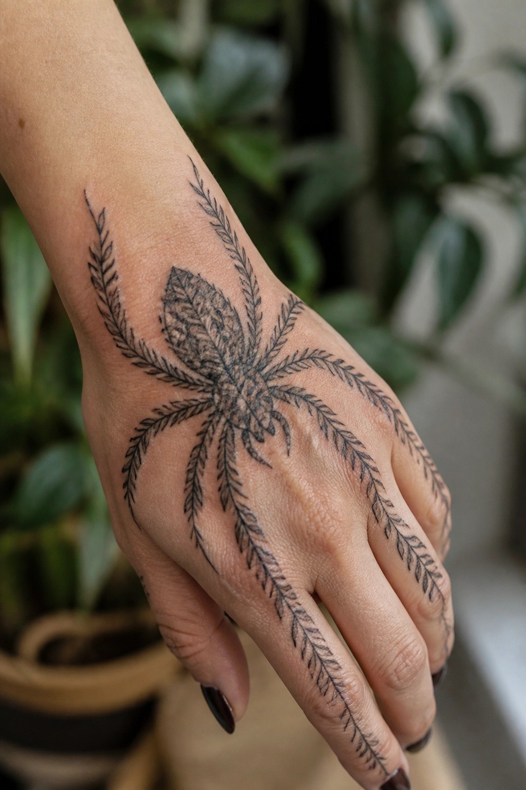 Hand with spider tattoo of leafy fern patterns extending onto fingers