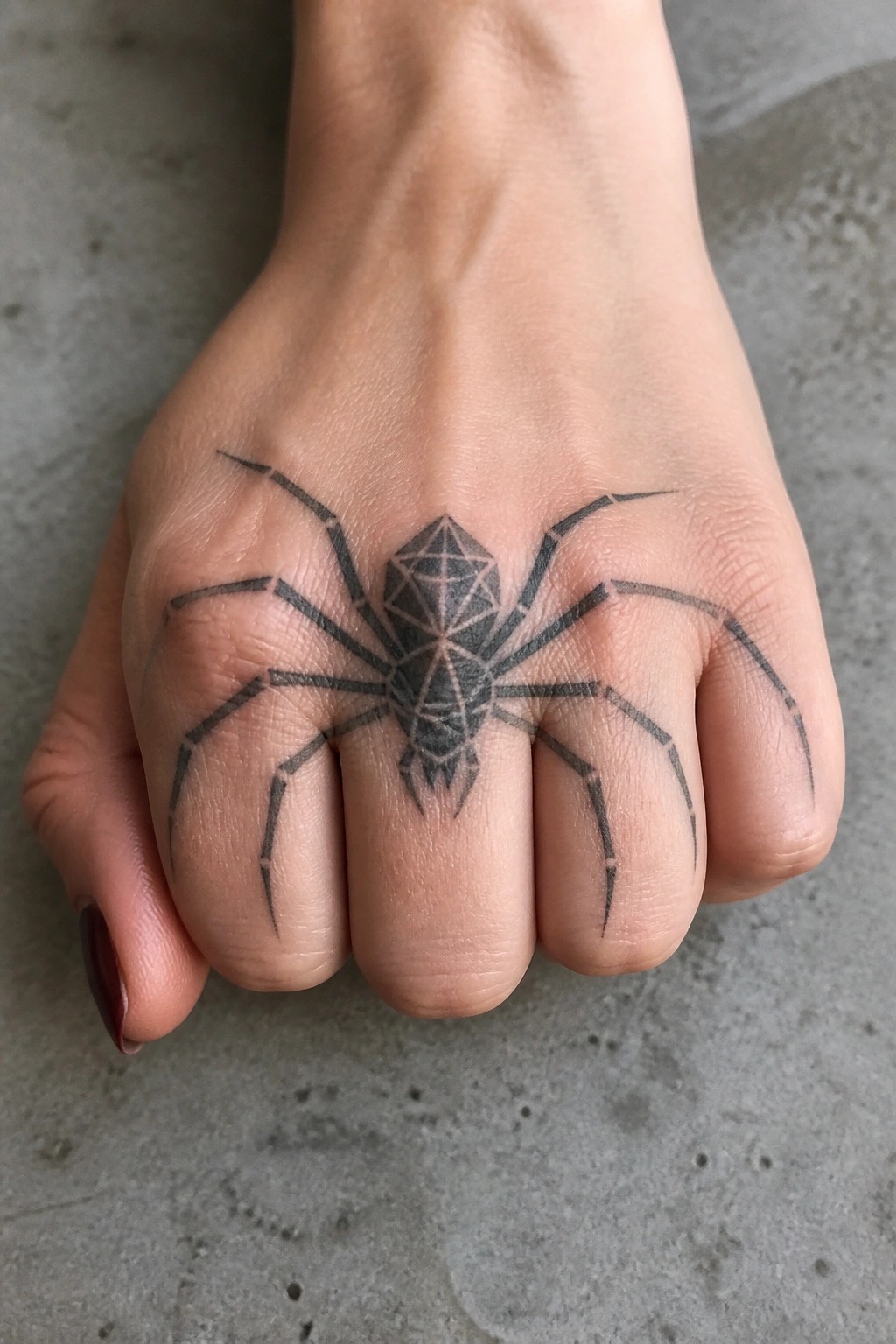 Geometric spider tattoo on the back of a hand with legs extending along the fingers in black ink.