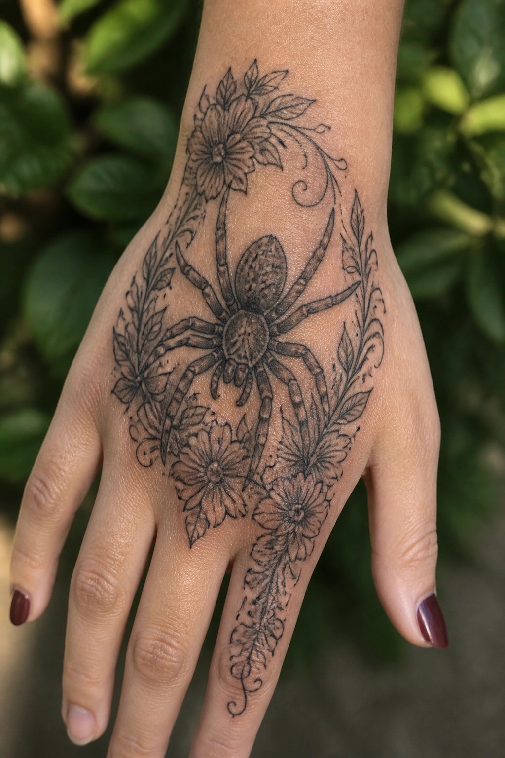 Black and grey spider tattoo with surrounding flowers and leaves on the back of a hand.