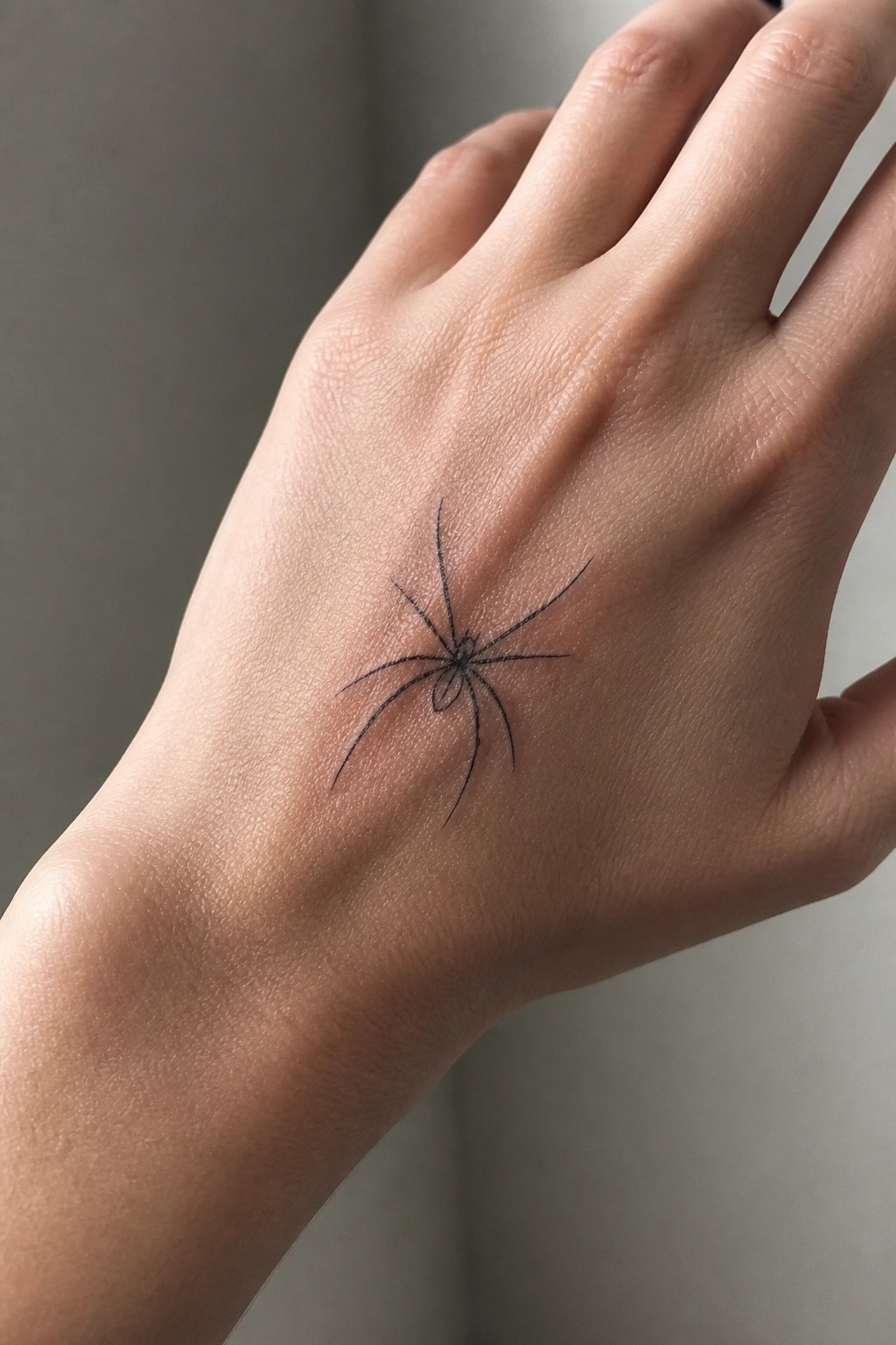 Light-skinned hand with small black spider tattoo on the back.