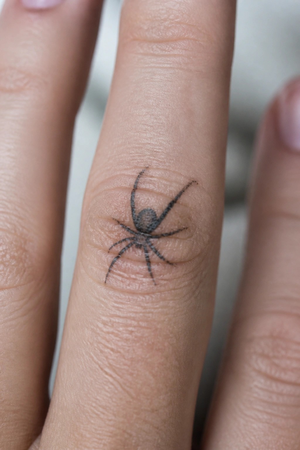 Small black spider tattoo placed on the side of a finger near the knuckle