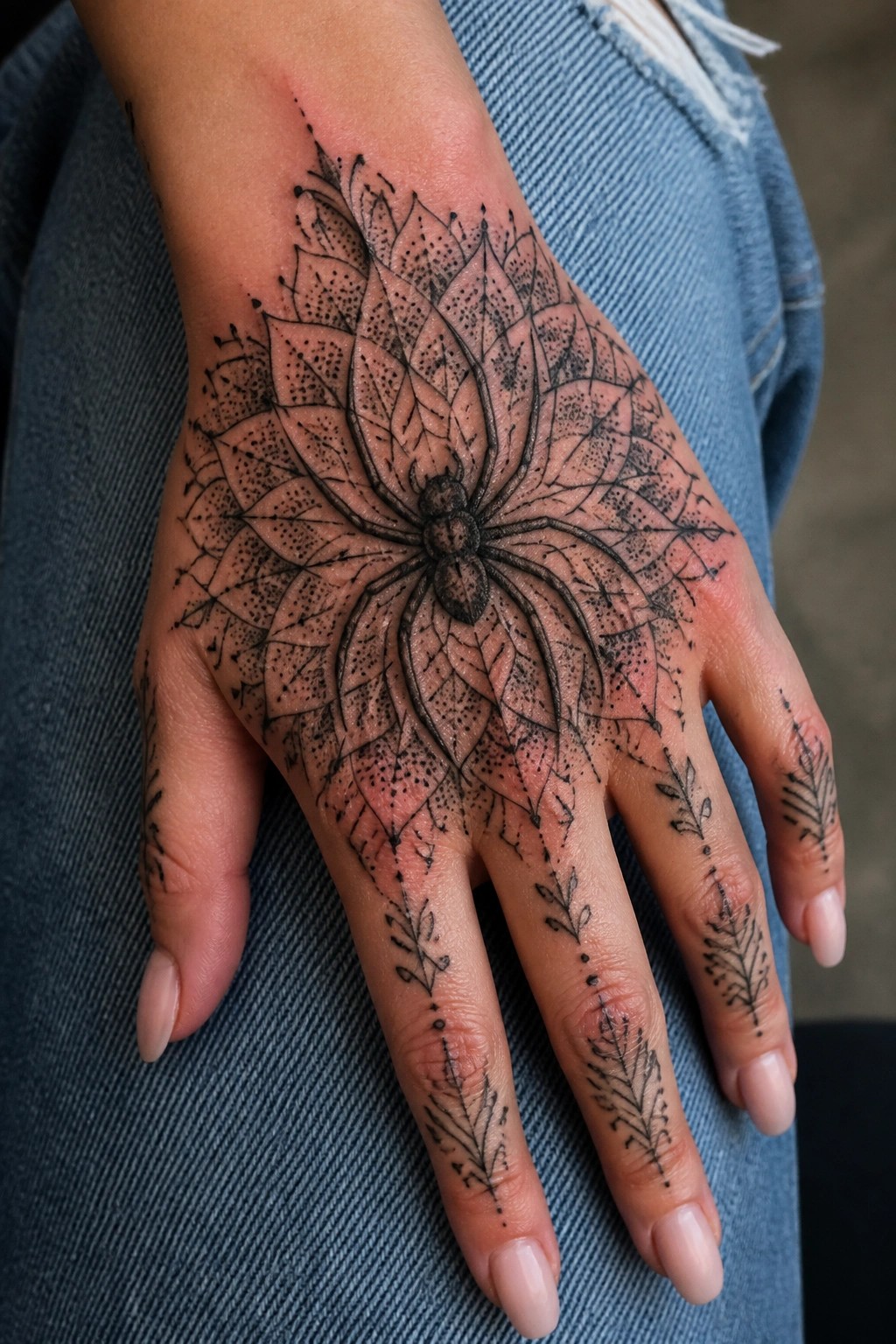 Hand with fresh spider mandala tattoo on blue denim, leaf finger designs.