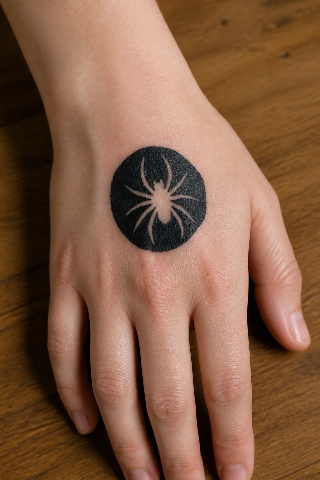 Hand with black circular spider tattoo on wooden surface