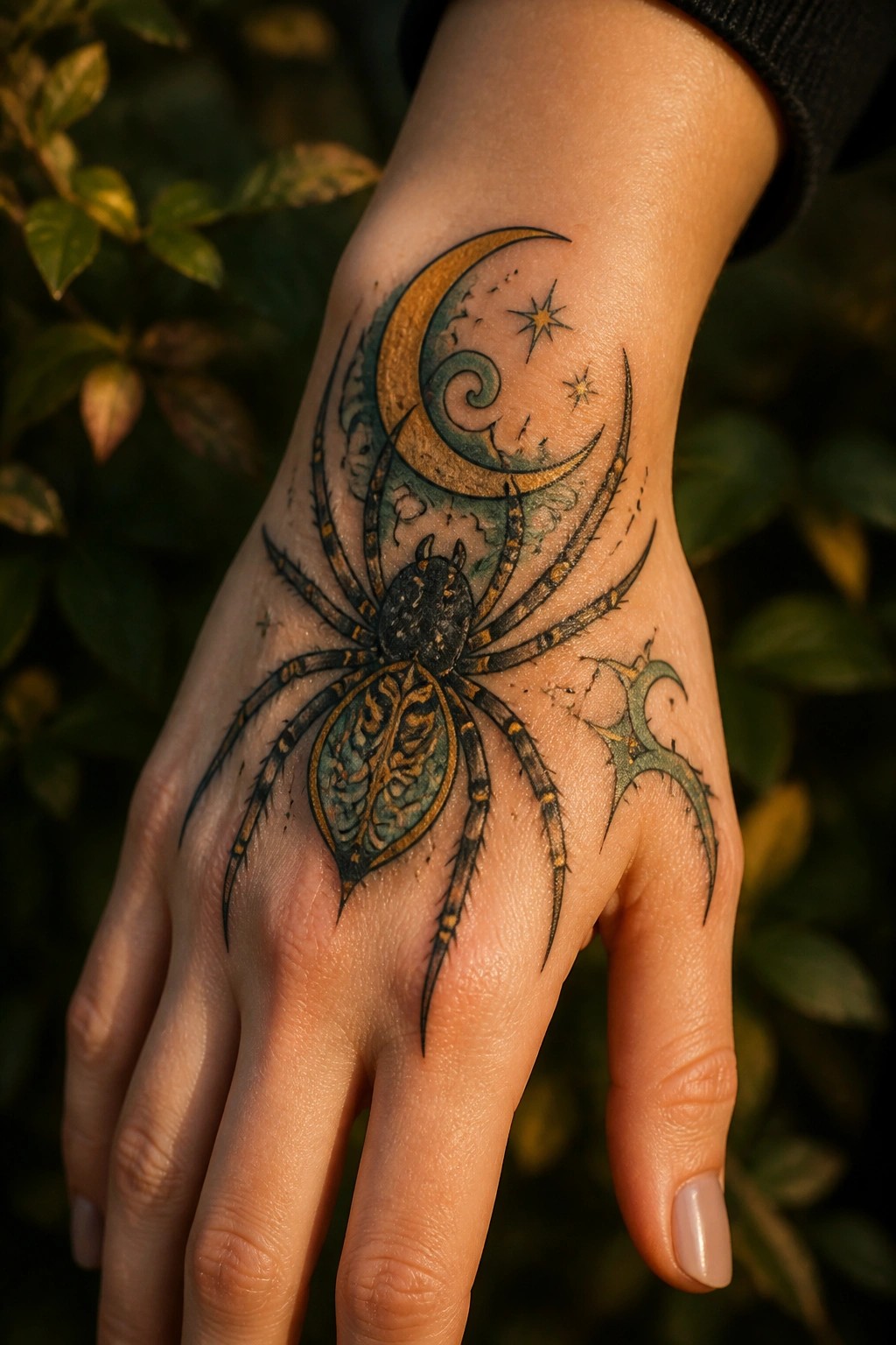 Hand with ornate spider tattoo under golden crescent moon and stars.