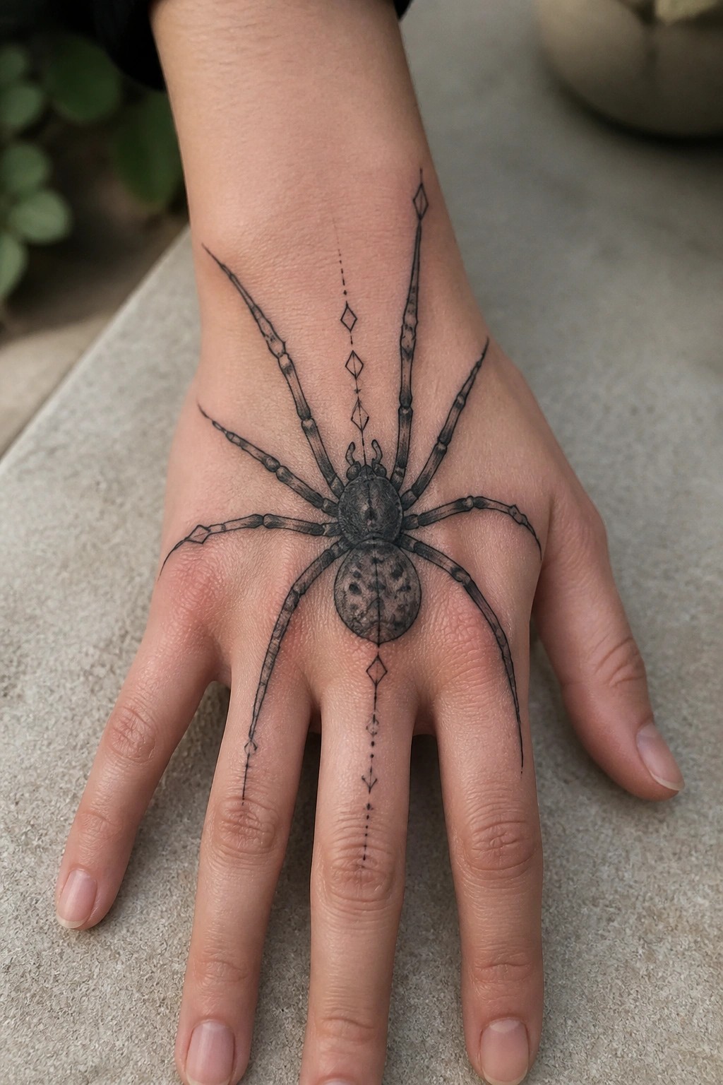 Black and grey spider tattoo centered on the back of a hand with geometric diamond accents running down the middle.
