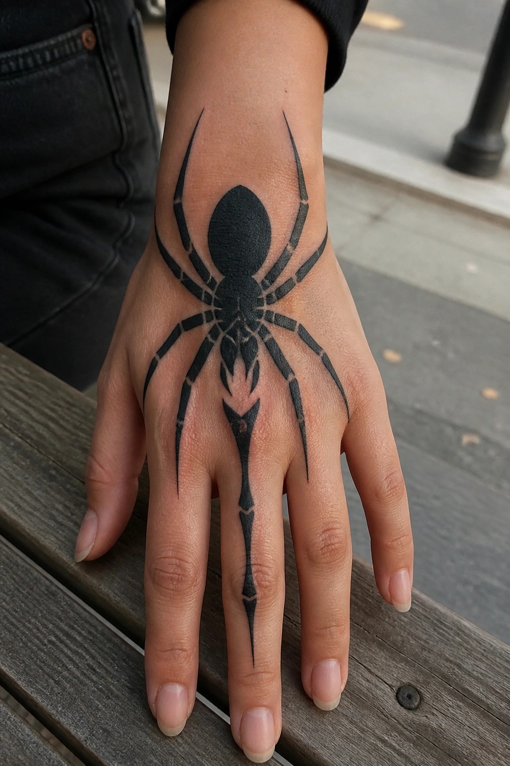 Black spider tattoo covering hand and middle finger on wooden bench